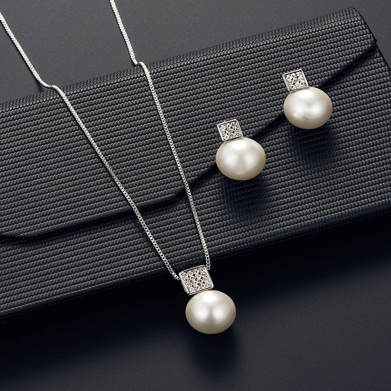 Women's Simple Square Pearl Ear Inlaid Bridal Jewelry Set