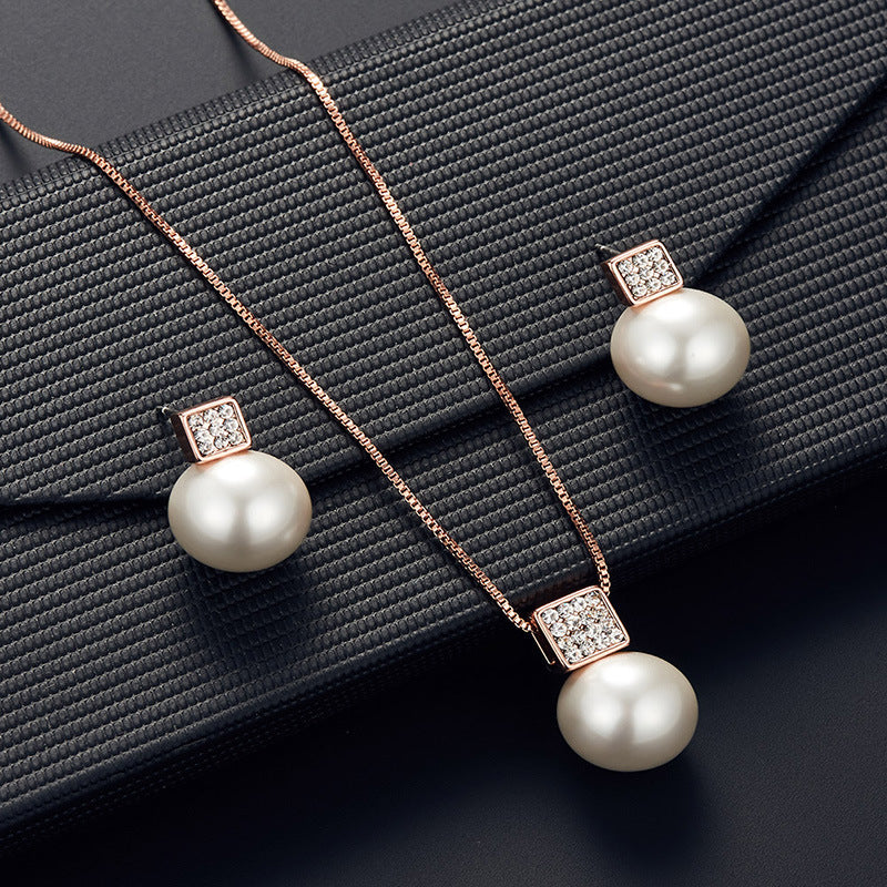 Women's Simple Square Pearl Ear Inlaid Bridal Jewelry Set