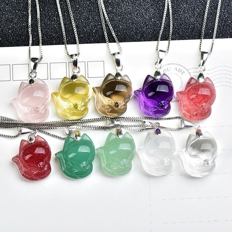 Crystal Big Head Cute Fox Citrine Pink Tea Purple Necklaces