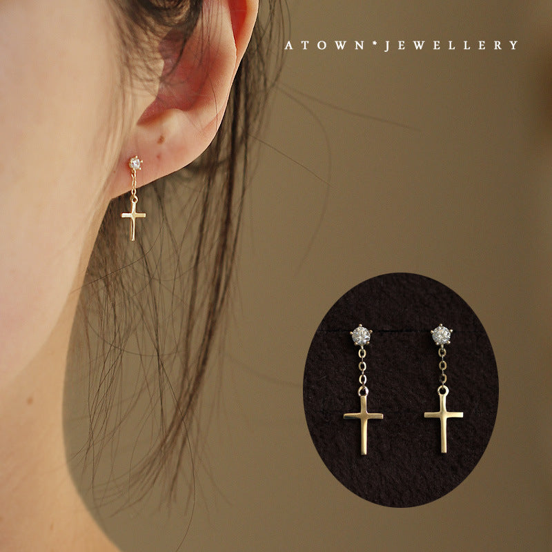 Sier Gold-plated Cross Female Tassel Mini Stud Earrings