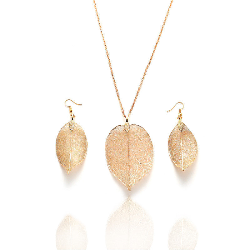 Natural Real Leaves Long Personality Simple Sweater Chain Jewelry Set