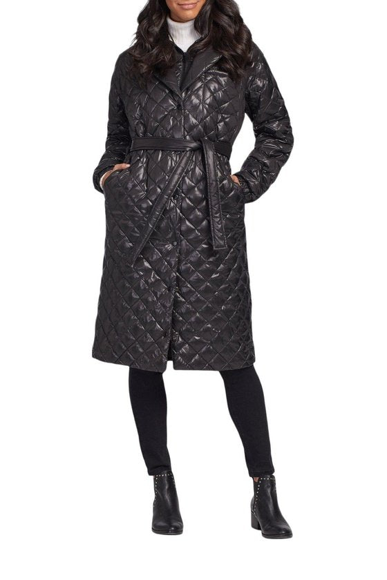 Tribal Maxi Belted Puffer Coat w/Detachable Hood