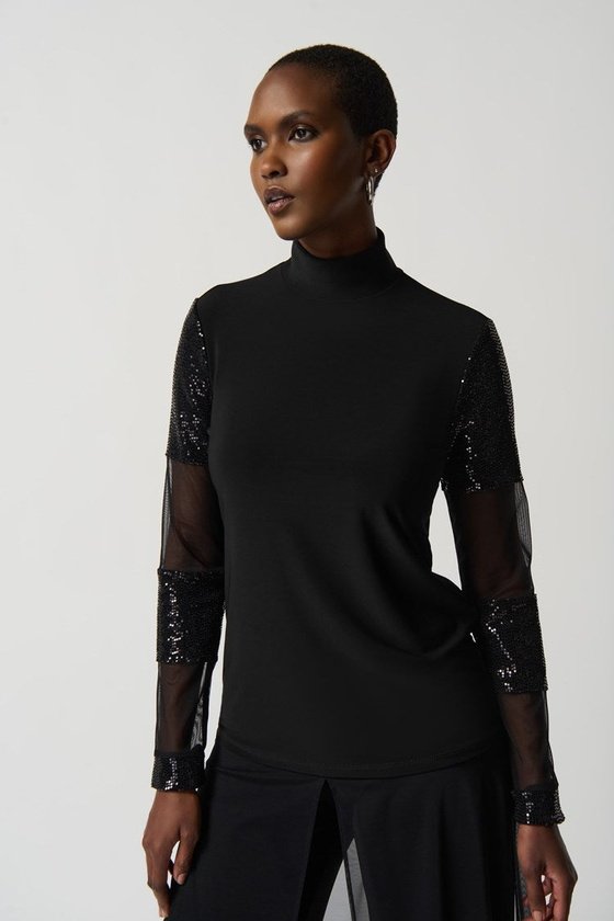 Joseph Ribkoff Silky Knit and Mesh Mock Neck Fitted Top