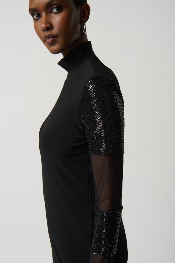 Joseph Ribkoff Silky Knit and Mesh Mock Neck Fitted Top
