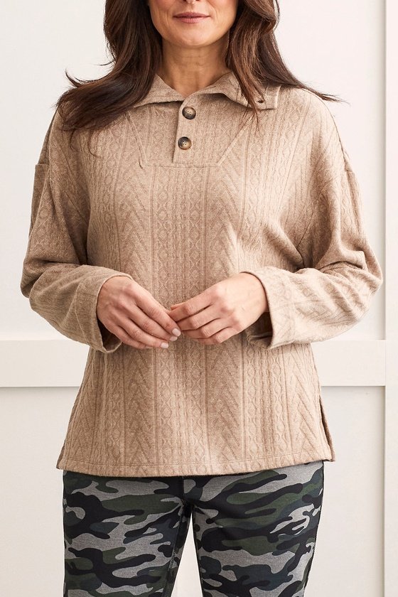 Tribal Soft Knit Funnel Neck Top w/Buttons