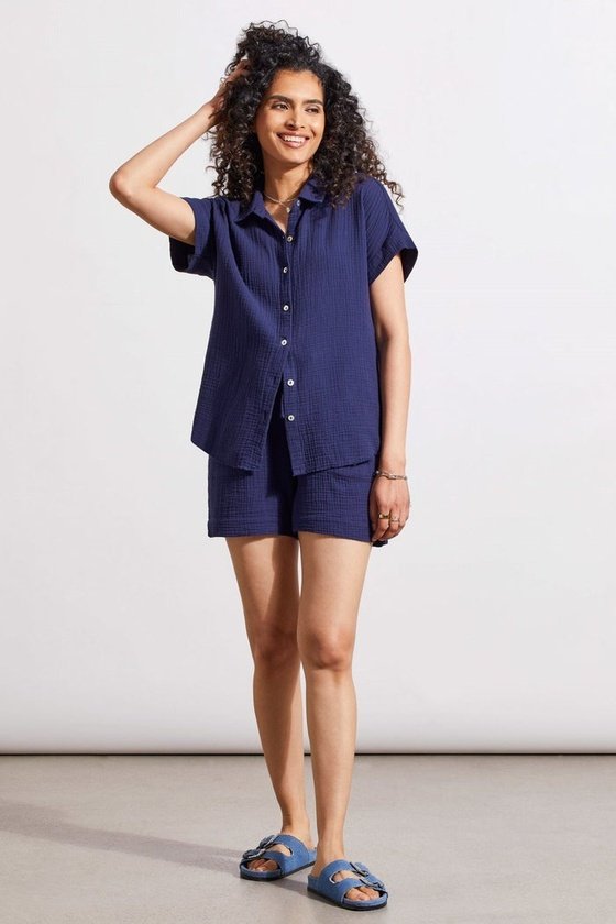 COTTON GAUZE BUTTON-UP SHIRT WITH SHORT SLEEVES