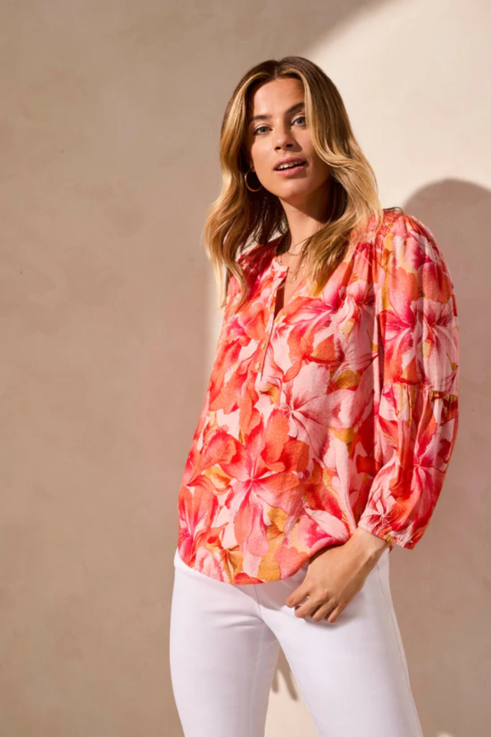 Jacquard Smocked-Yoke Three-Quarter Sleeve Blouse