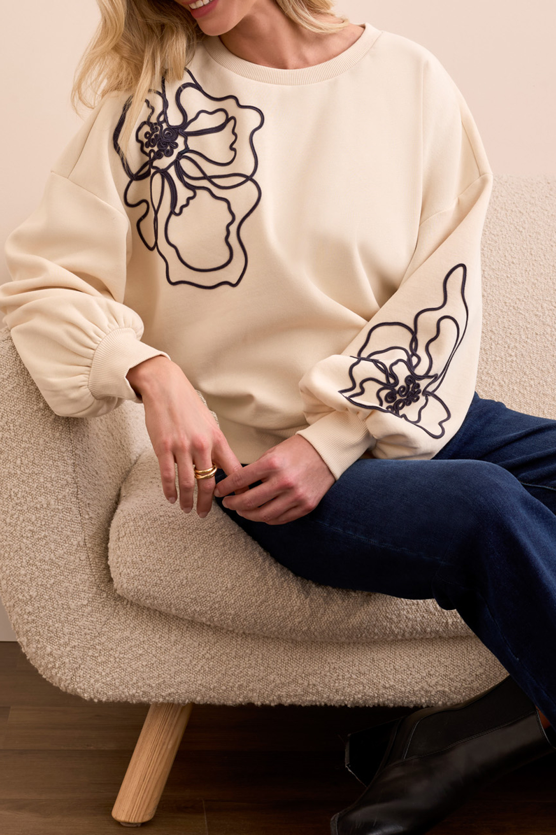 Long Sleeve Crew Neck Top with Embroidery