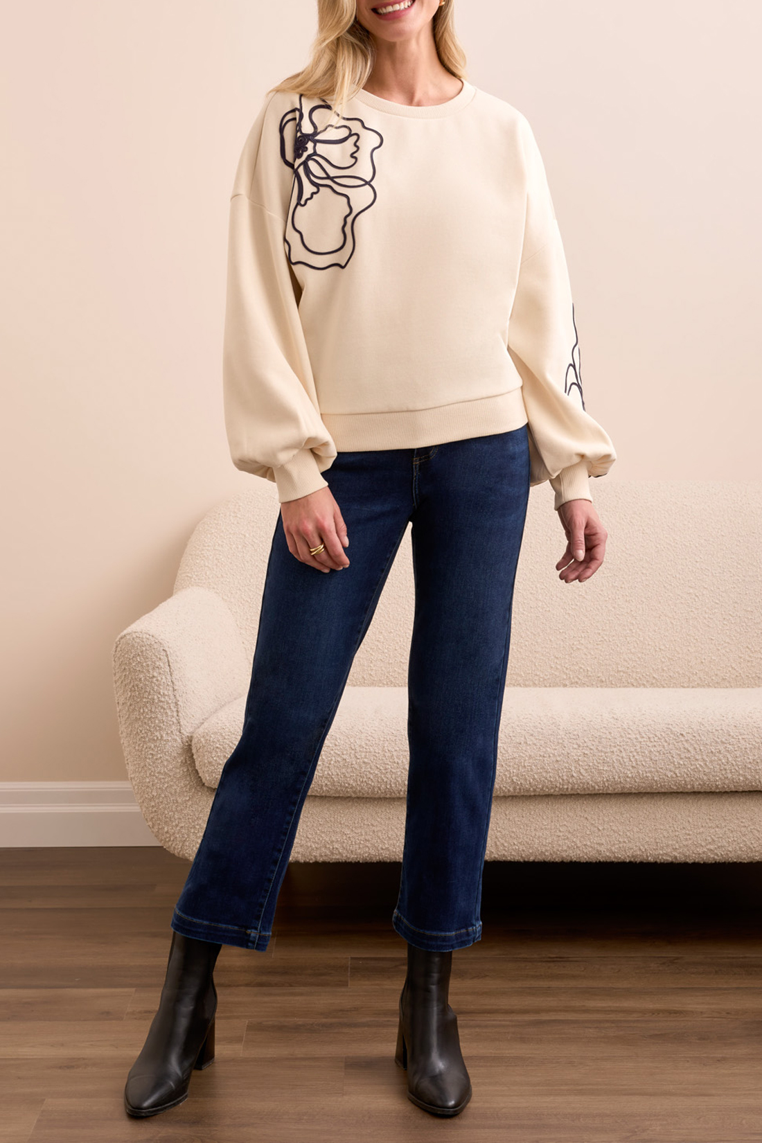 Long Sleeve Crew Neck Top with Embroidery