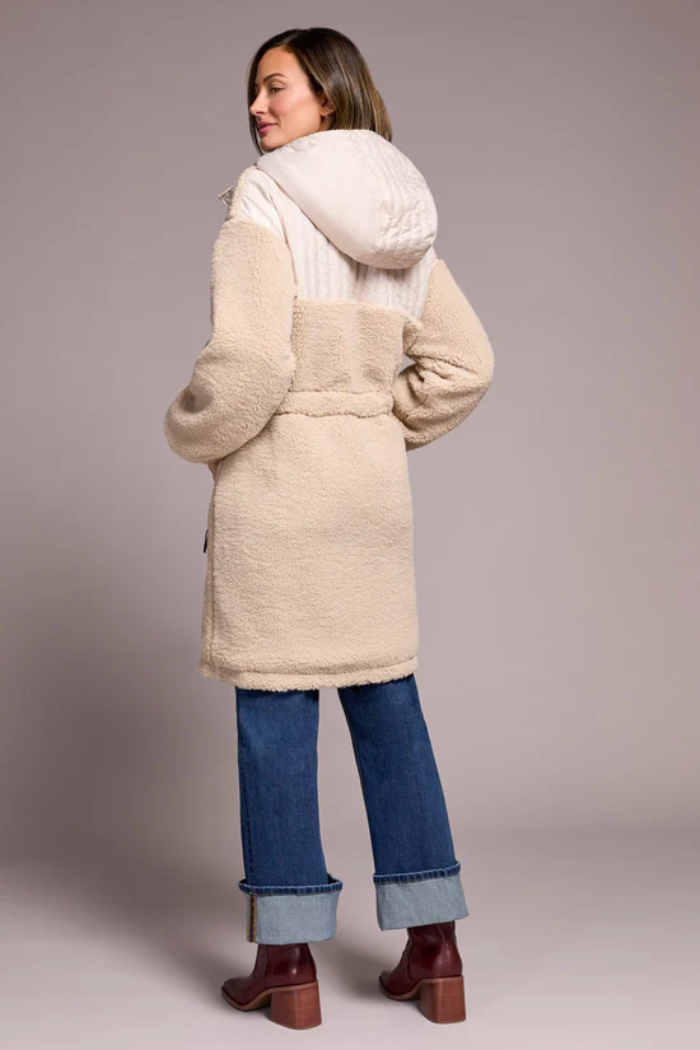 Faux Sherpa Zip-Up Front Hooded Coat With Drawcord