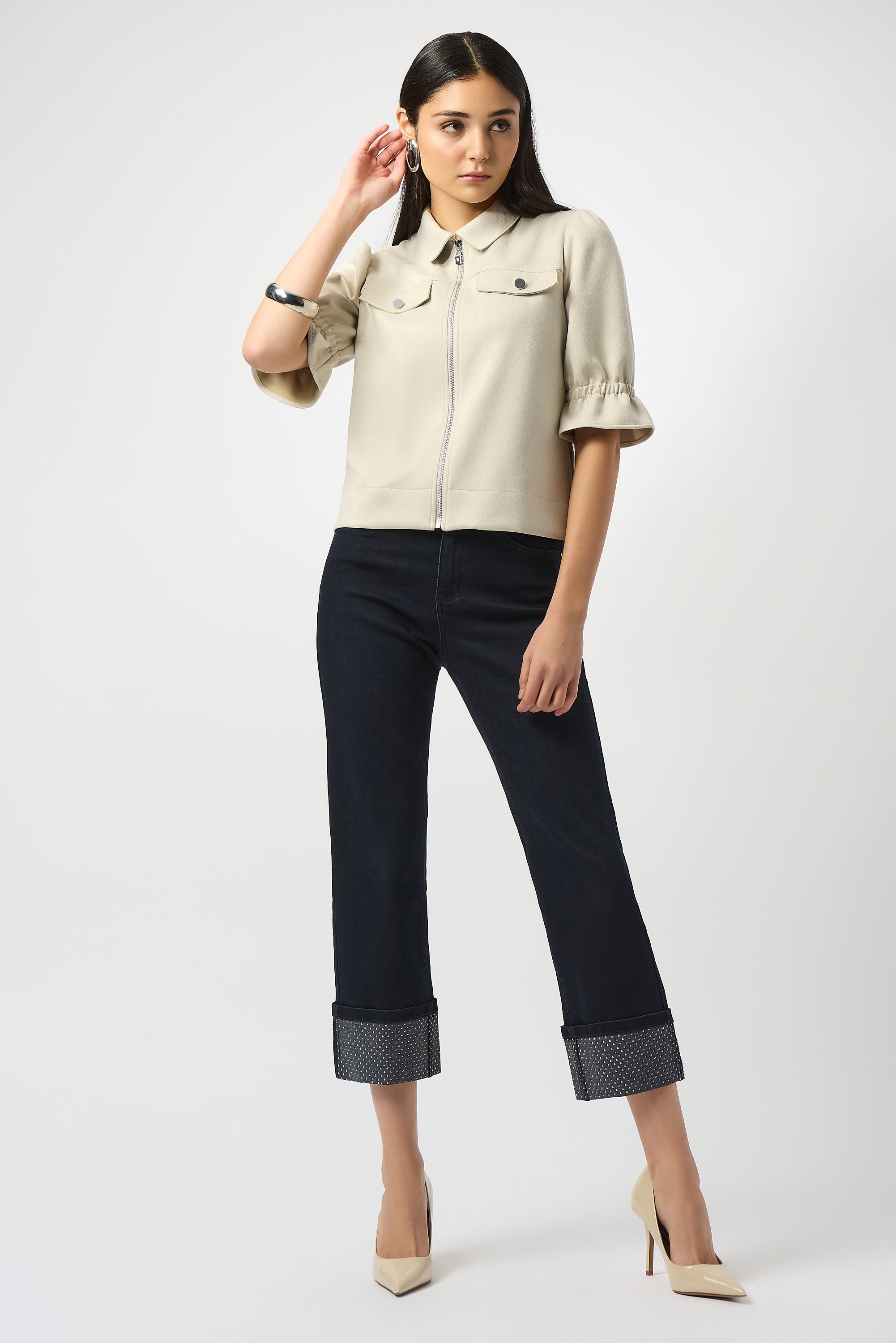 Straight Crop Stretch Jeans with Turned Hem