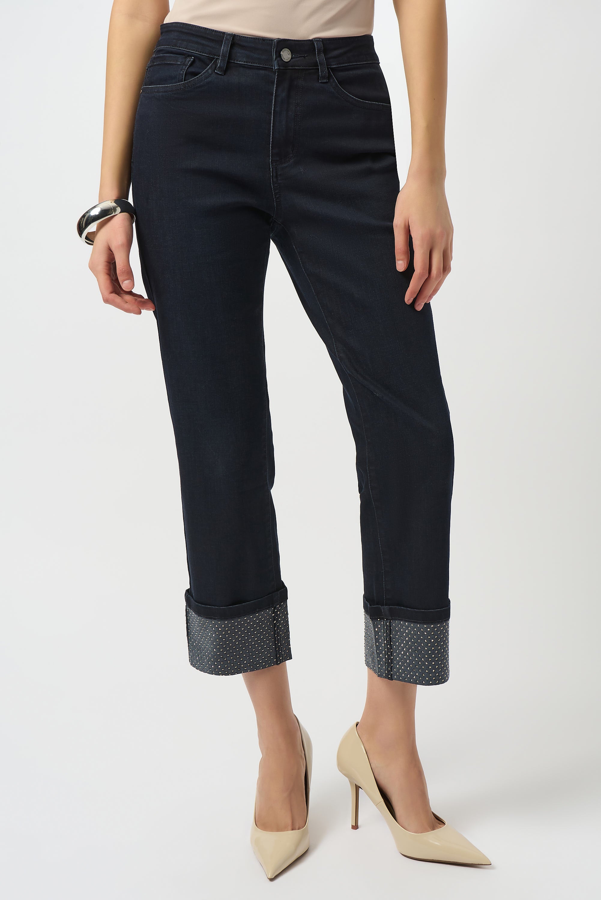 Straight Crop Stretch Jeans with Turned Hem