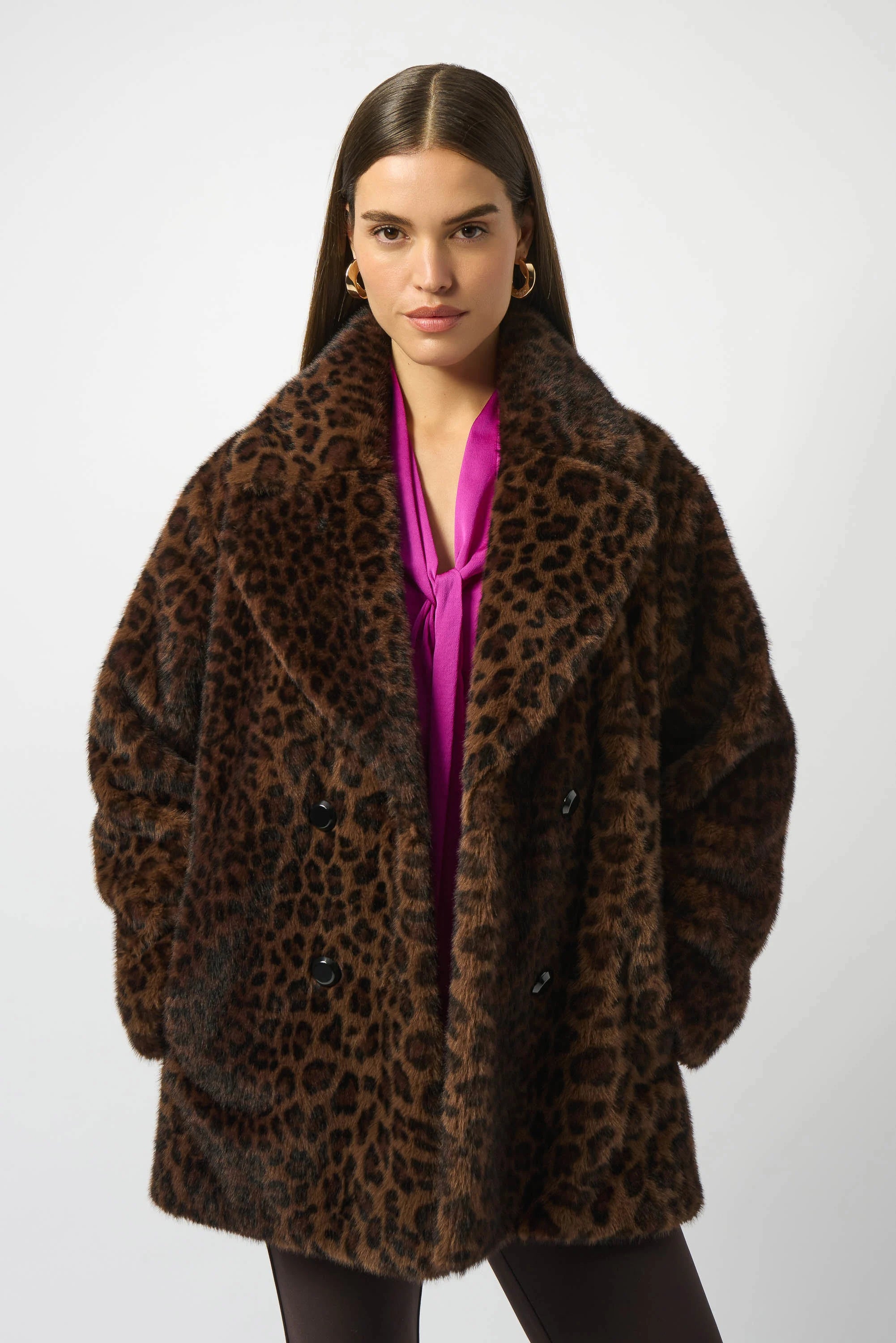 Faux Fur Leopard Print Double-Breasted Coat