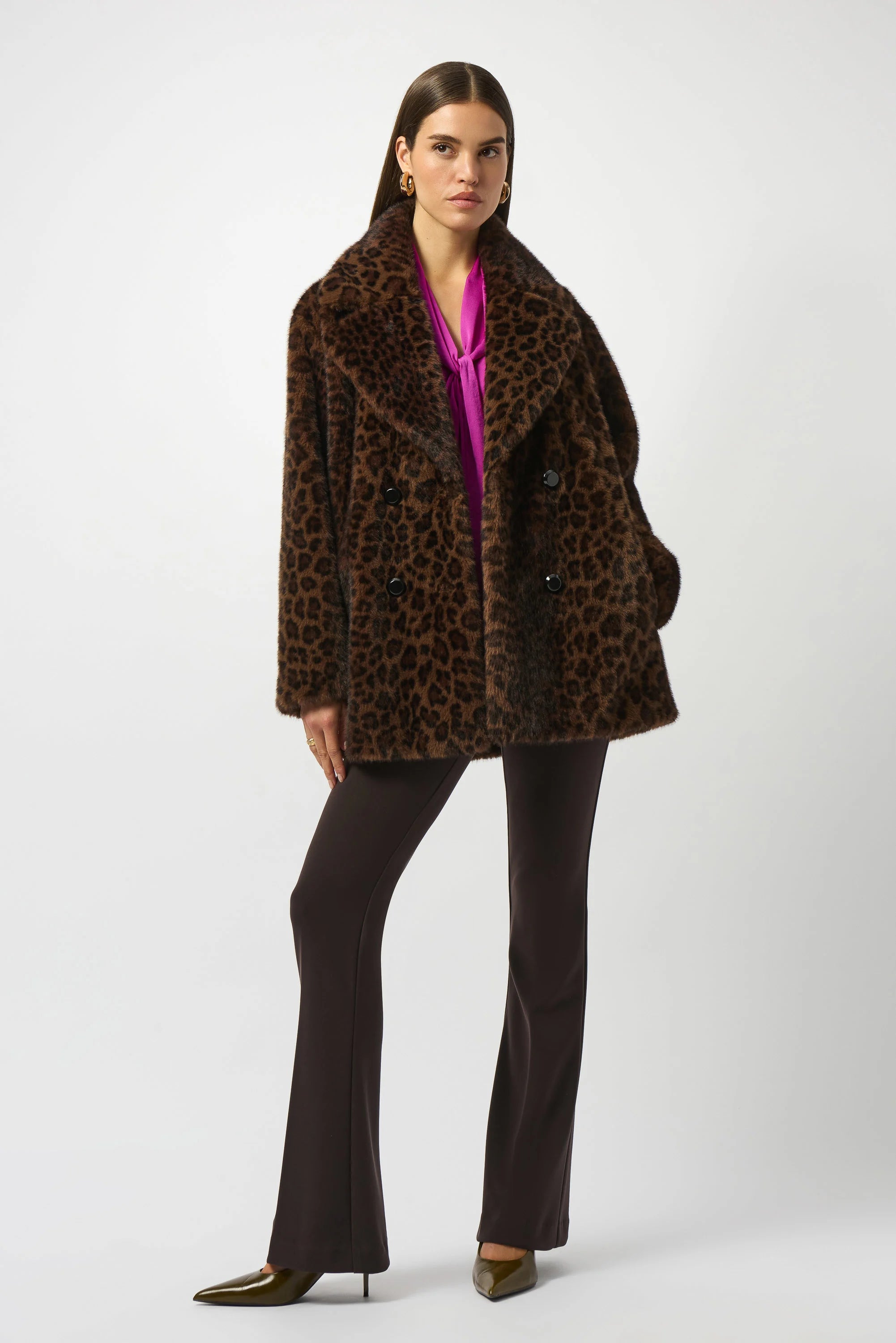 Faux Fur Leopard Print Double-Breasted Coat