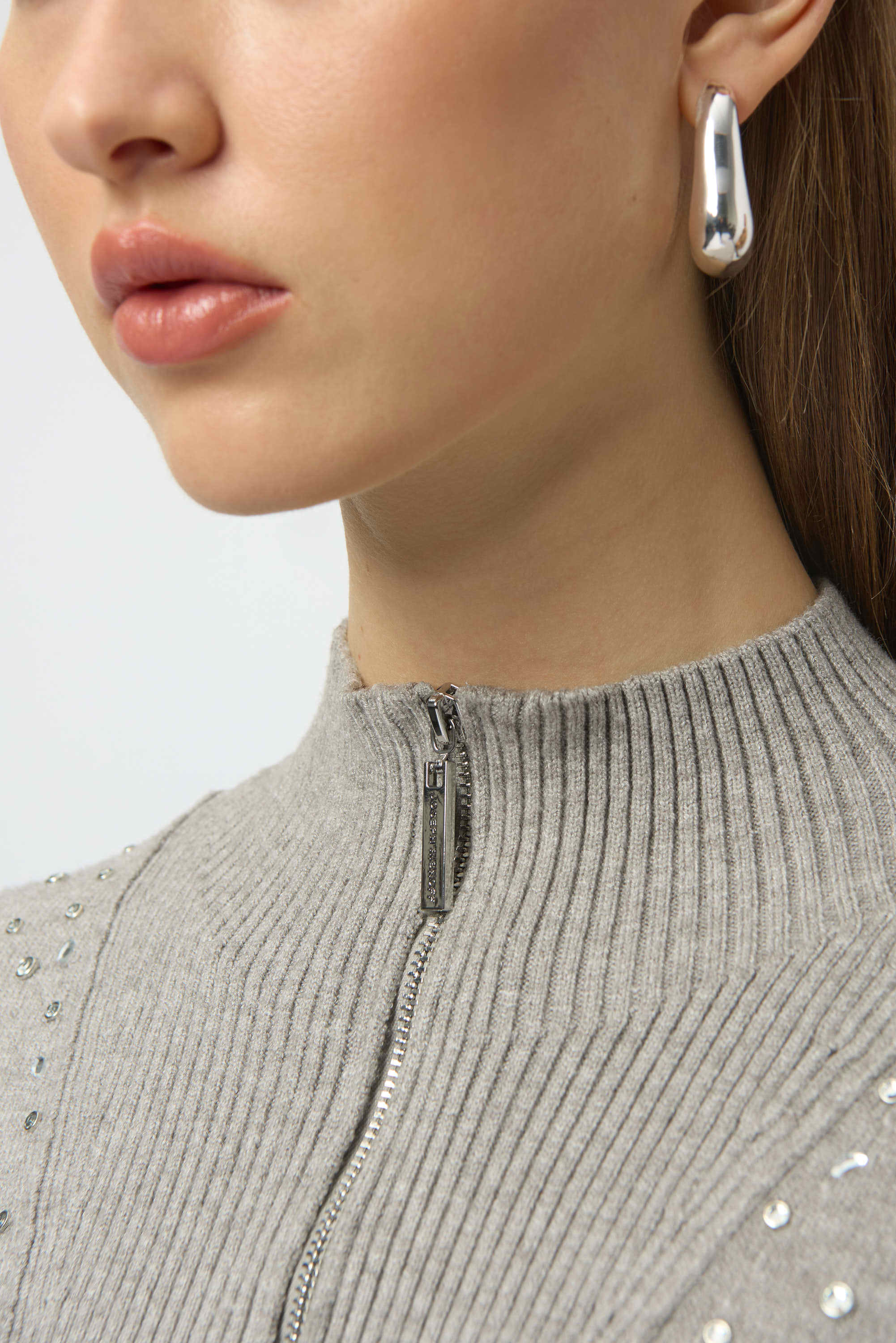 Sweater Knit Mock Neck Pullover with Rhinestones