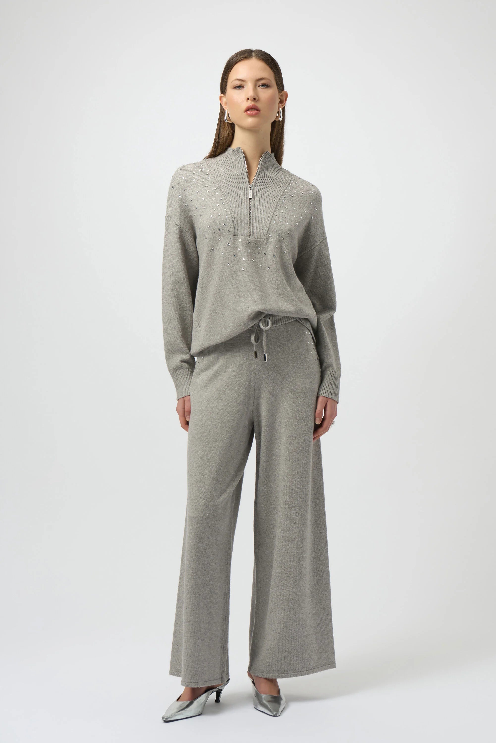 Sweater Knit Mock Neck Pullover with Rhinestones