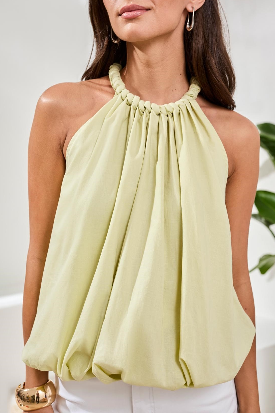 Bubble Hem Blouse With Braided Neckline