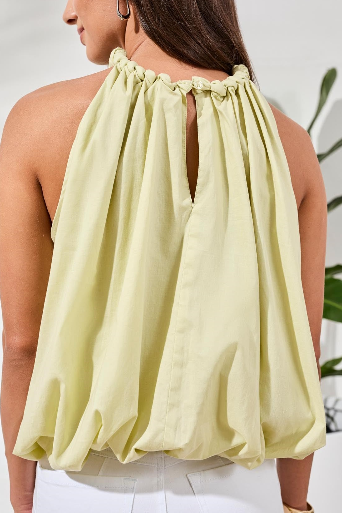 Bubble Hem Blouse With Braided Neckline