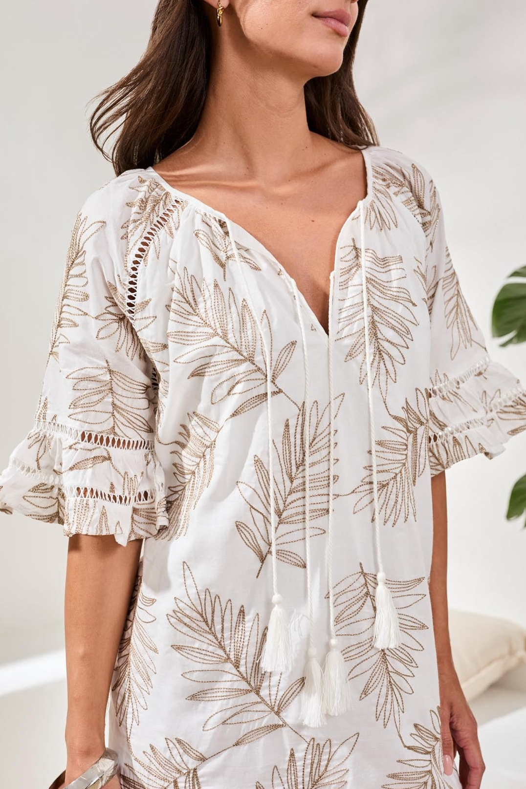 Printed V-Neck Dress With Textured Eyelet Flutter Sleeves