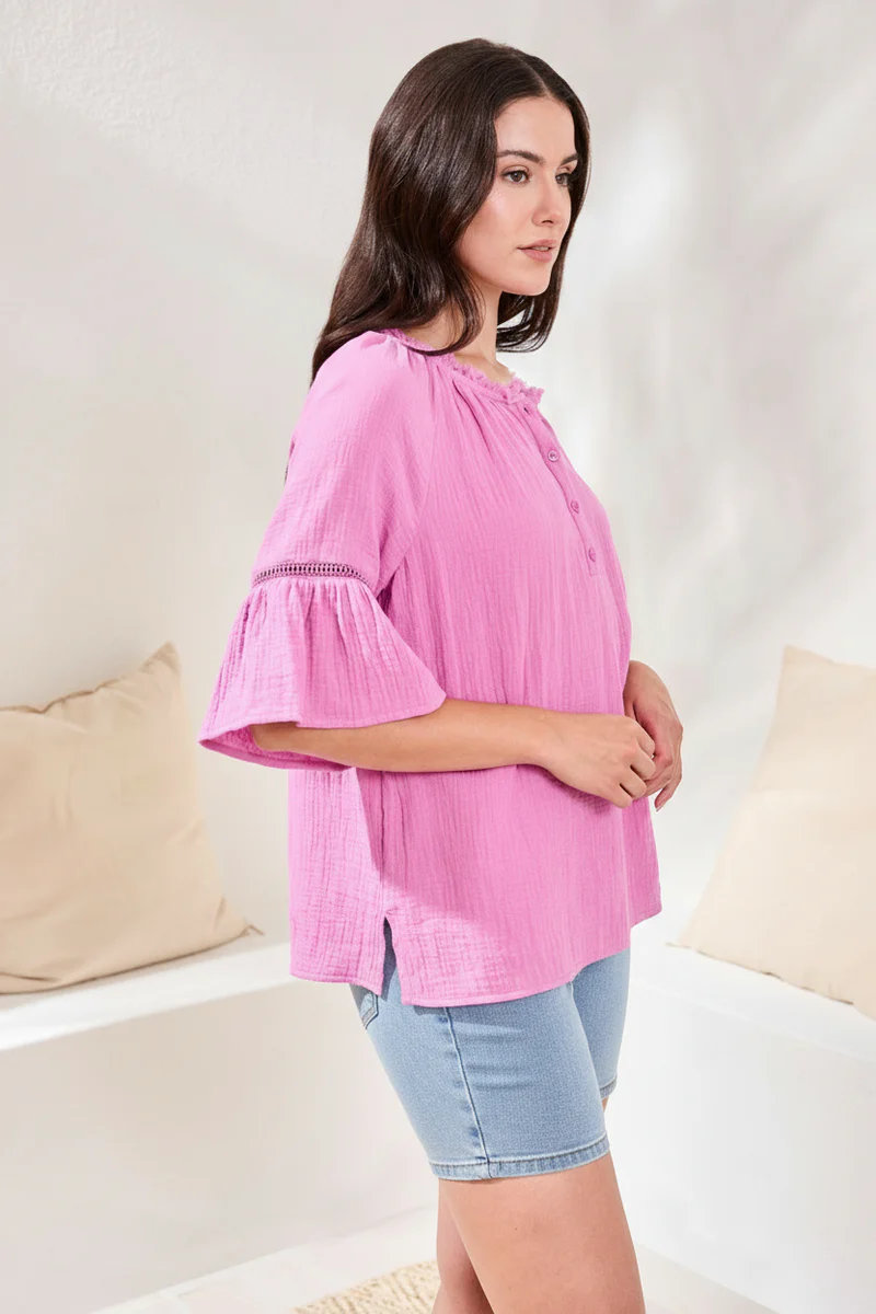 Crinkle Gauze Split-Neck Button-Front Bell Sleeve Blouse