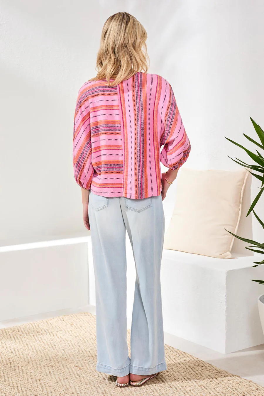 Linen Boat Neck Blouse With Dolman Sleeves