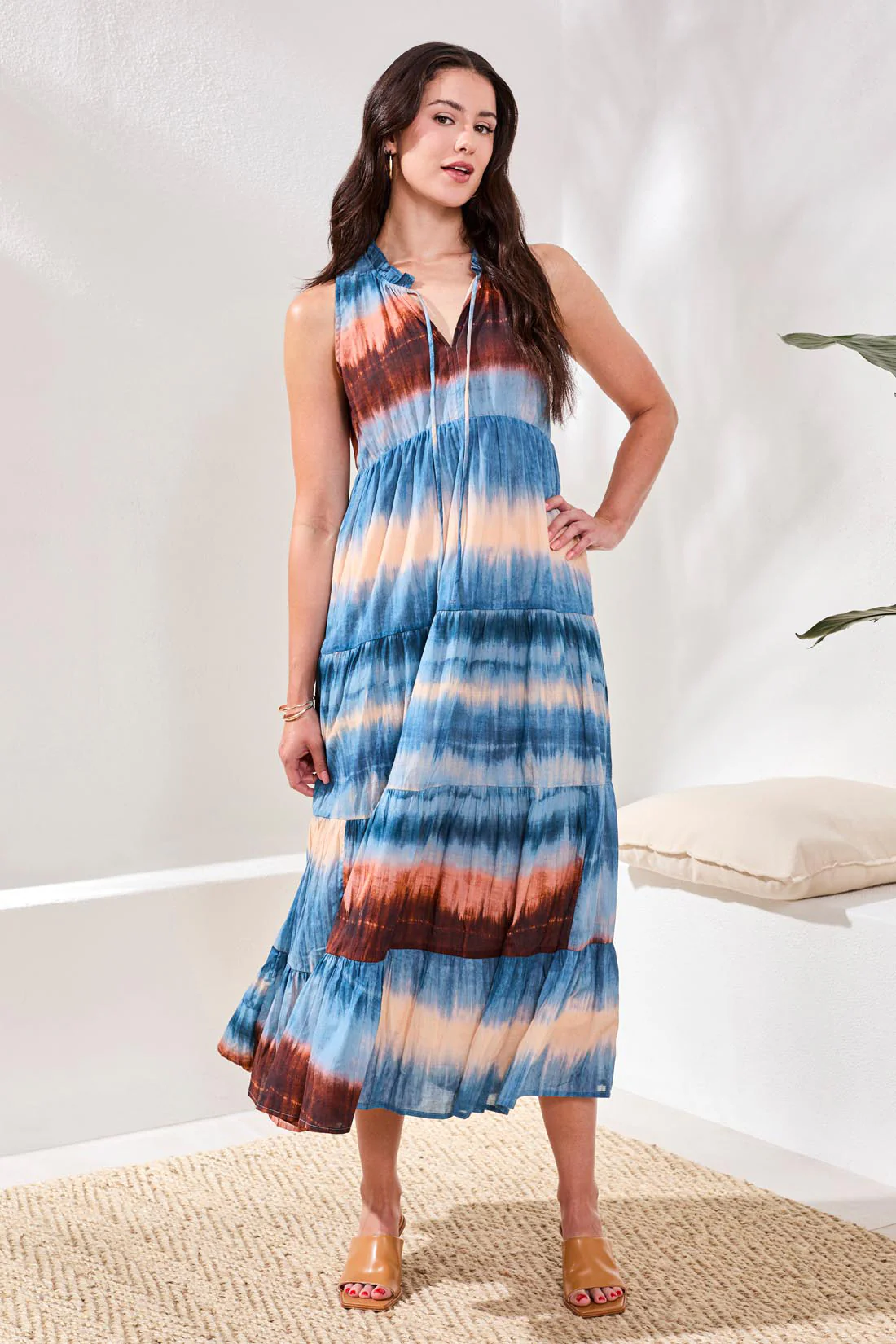 Ombré Printed Maxi Dress With Corded Neckline and Ruffle Hem
