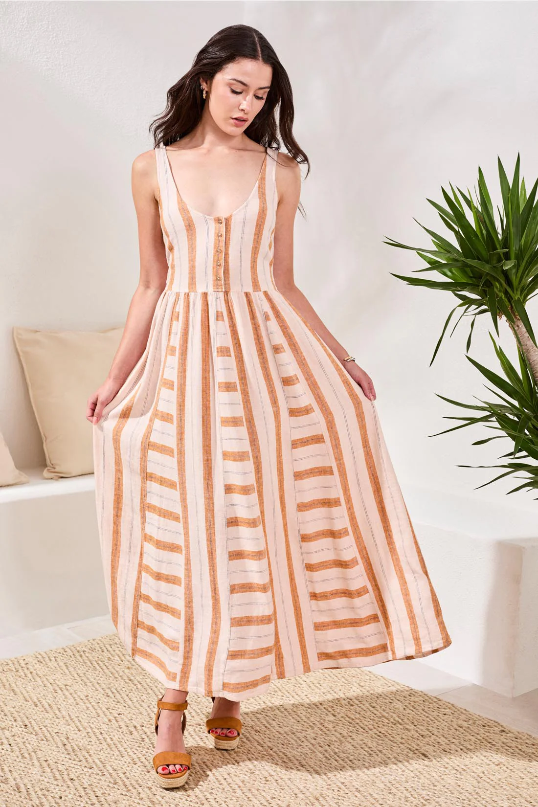 Linen Maxi Dress with Contrast Inserts & Adjustable Waist Sash