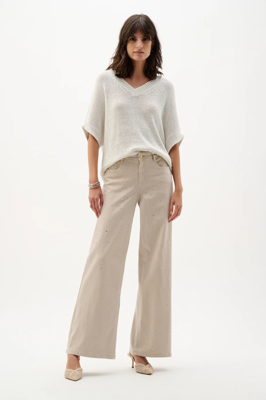 Featherweave™ Denim Wide Leg Jeans With Rhinestones