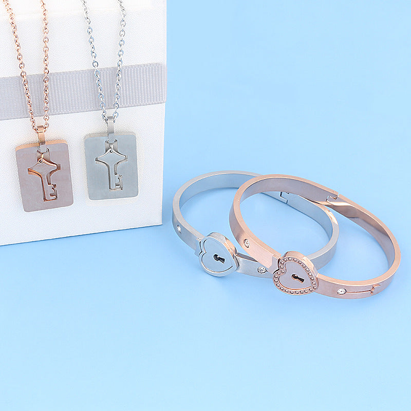 Women's & Men's Valentine's Day Gift Titanium Steel Couple Lock Heart Key Bracelet