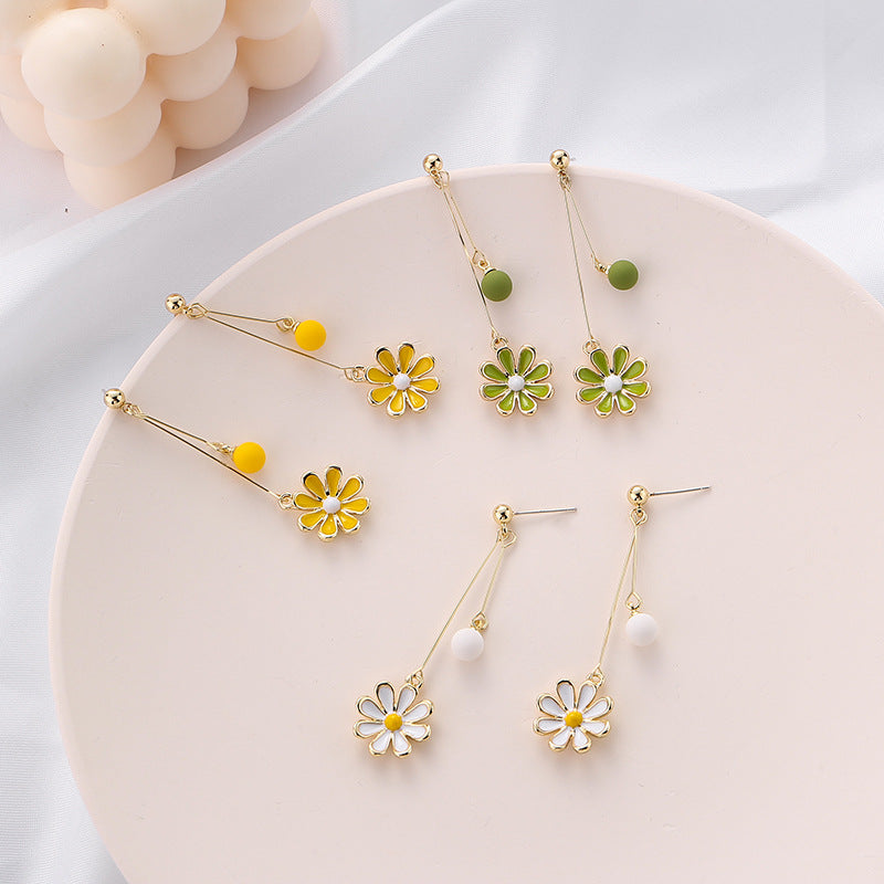 Green Flowers Daisies Fresh Trendy Korean Style Elegant No Ear Clip