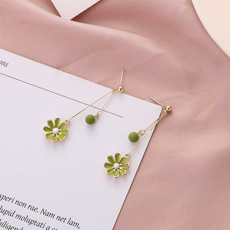 Green Flowers Daisies Fresh Trendy Korean Style Elegant No Ear Clip