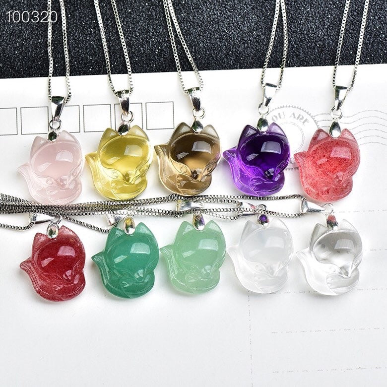 Crystal Big Head Cute Fox Citrine Pink Tea Purple Necklaces
