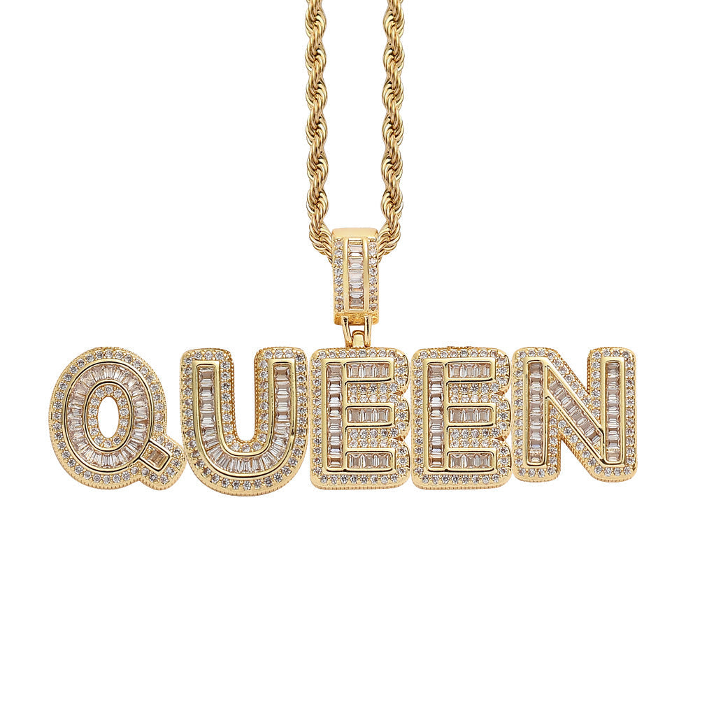Women's & Men's Hop Cool Rock Sugar Letters Numbers Stitching Combination Square Zircon Pendant