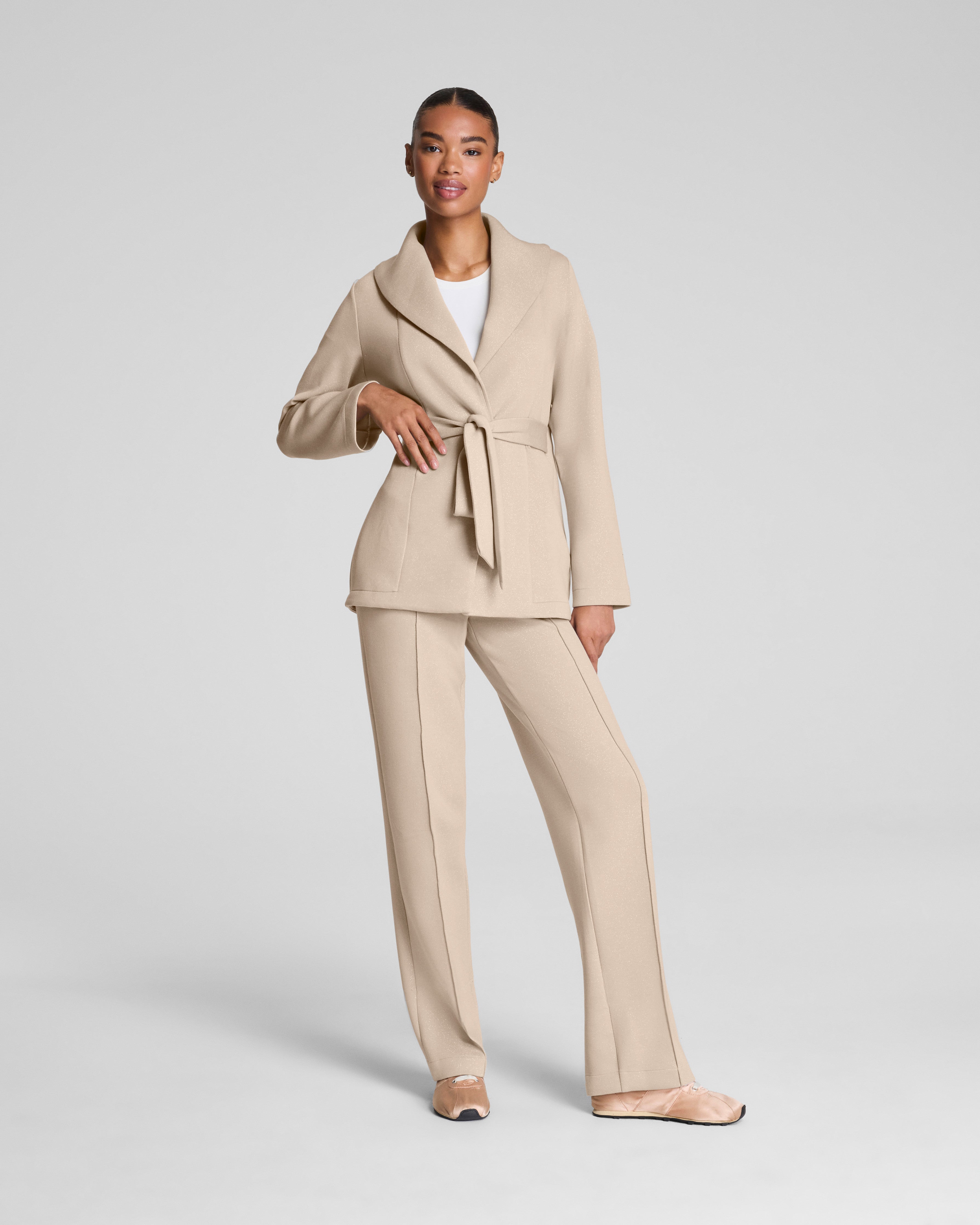 SPANX AirEssentials® Luxe Straight Leg Pant with Shimmer | Bone / Silver Shimmer