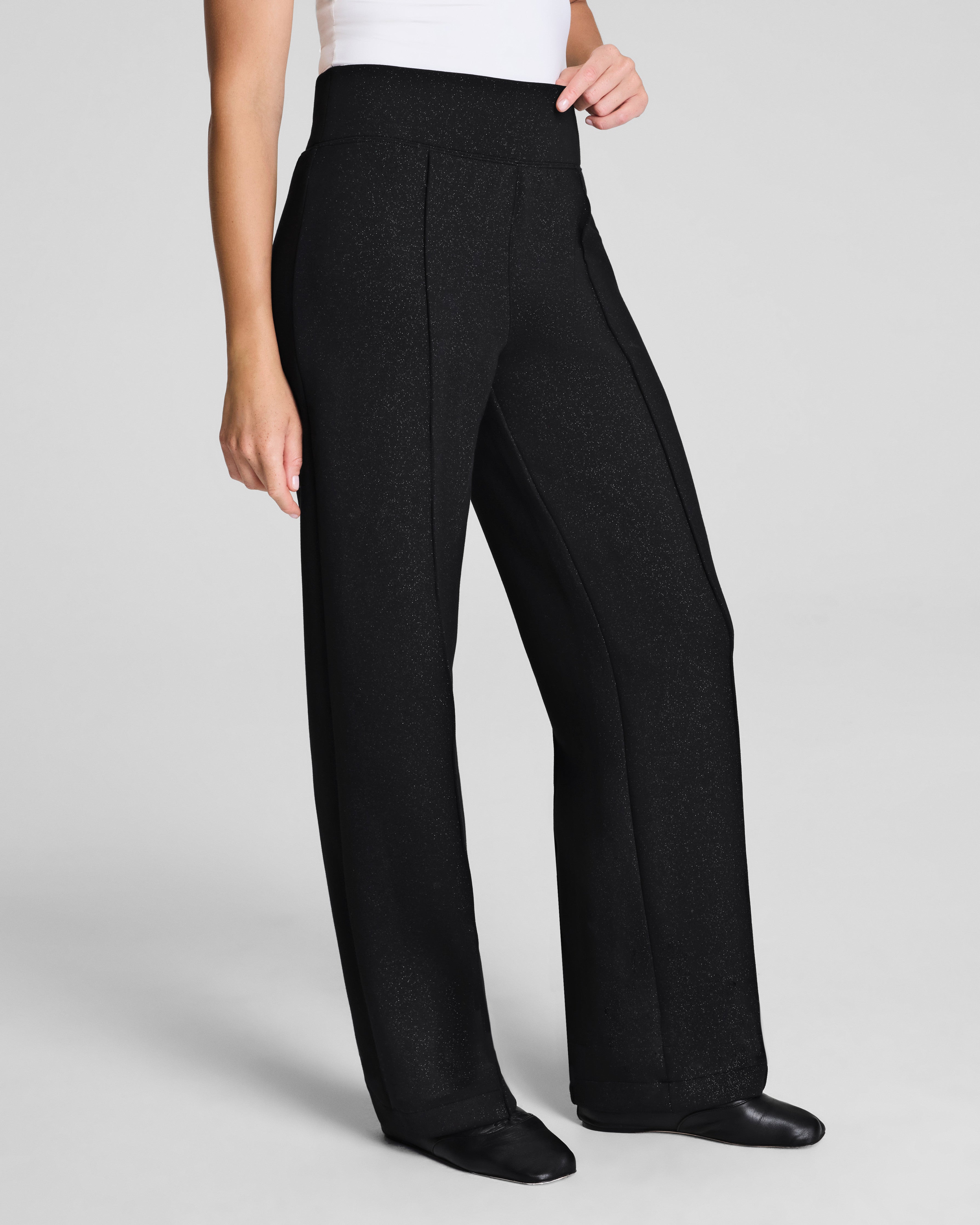 SPANX AirEssentials® Luxe Straight Leg Pant with Shimmer | Very Black / Silver Shimmer