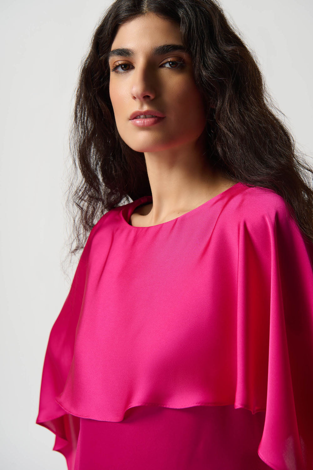 Joseph Ribkoff Shocking Pink Satin Layered Top With Boat Neck Style 234023