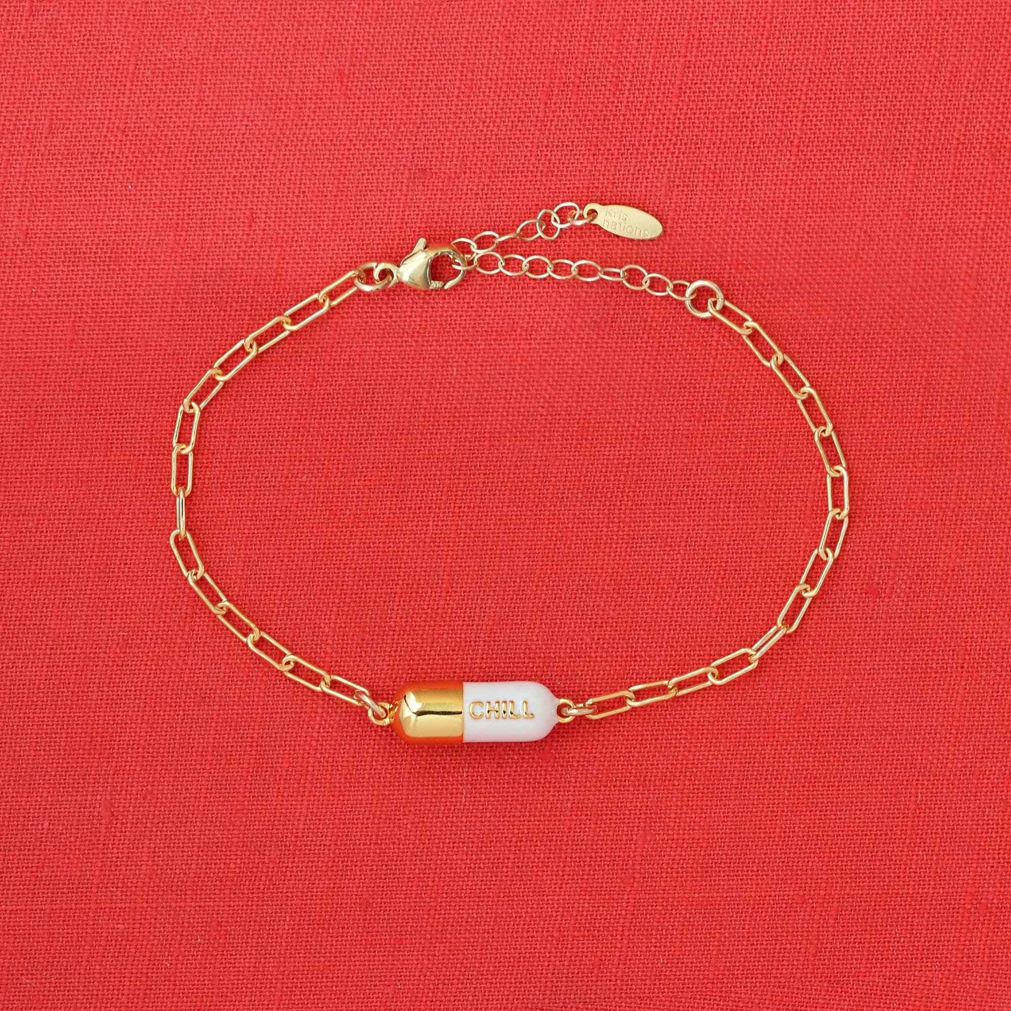 Kris Nations - Chill Pill Charm Bracelet 18K Gold Vermeil | Sterling Silver Charm Gold Filled | Sterling Silver Drawn Cable Chain Multiple Colors Lobster Clasp Nickel Free Ships from CA