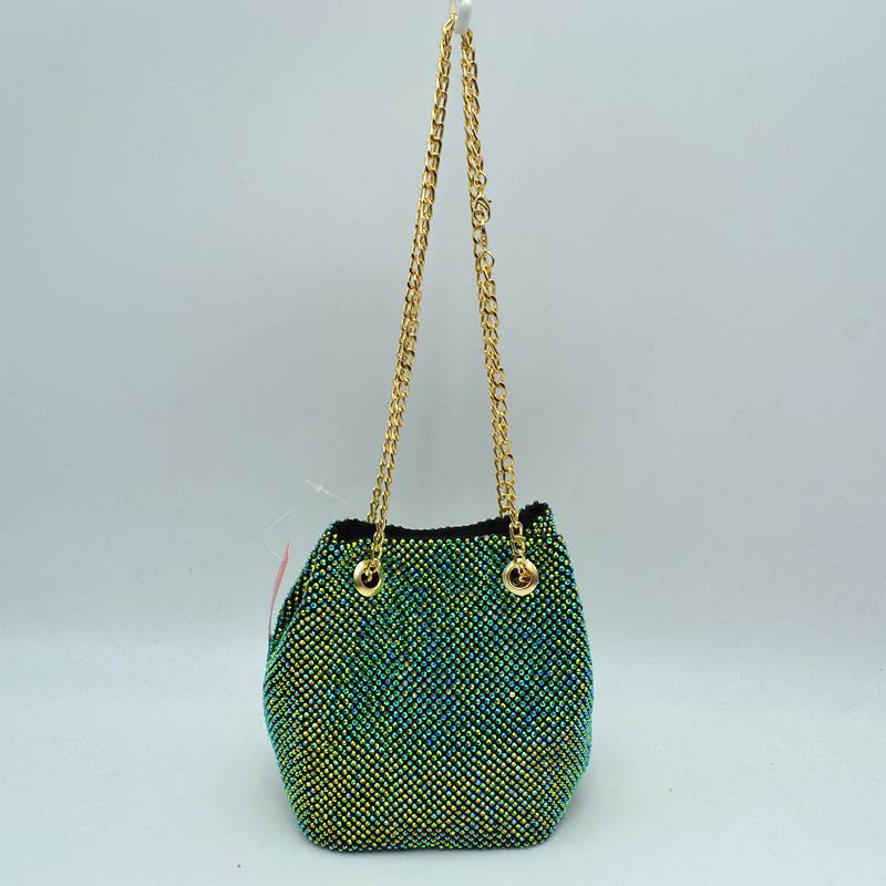 Textured Bucket Bag with Metallic Chain Straps