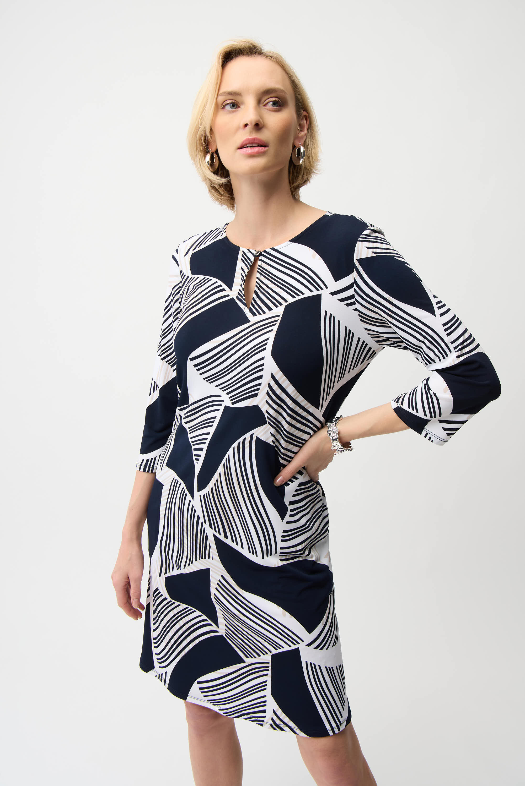 Joseph Ribkoff Geometric Print Straight Dress With Keyhole Neckline Style 261046
