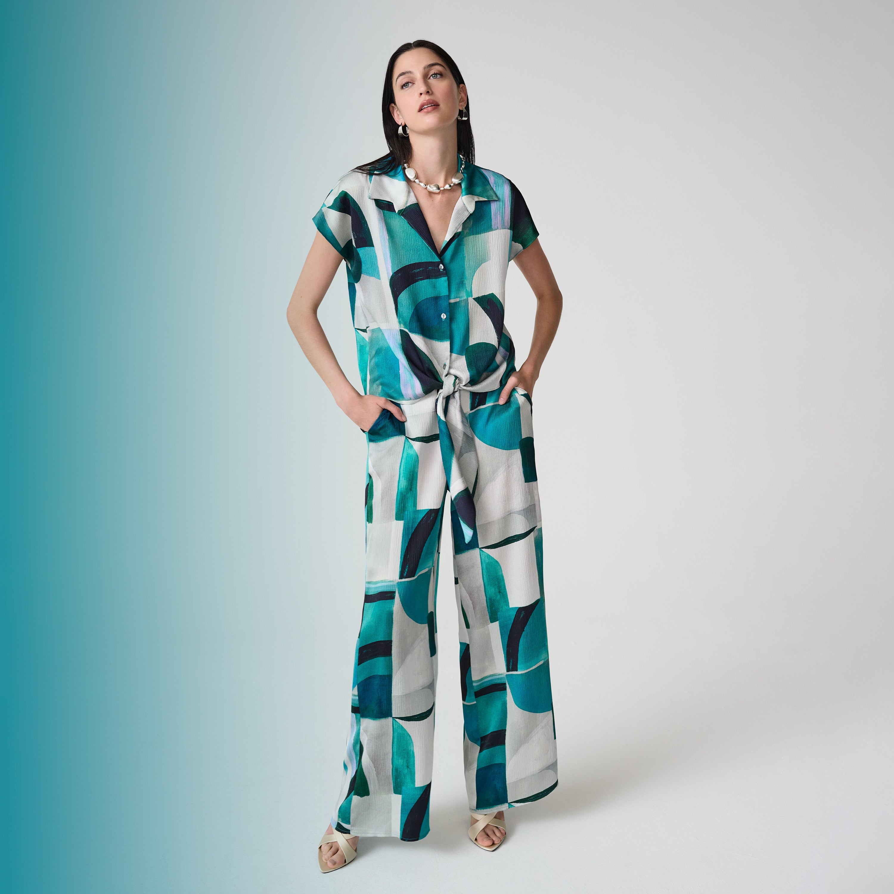 Joseph Ribkoff Geometric Print Boxy Top With Front Ties Style 261065