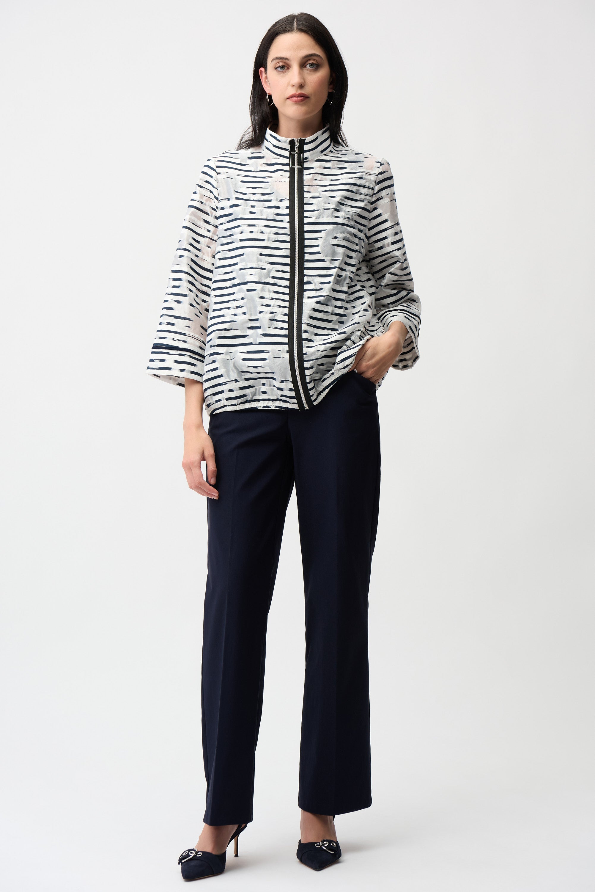 Joseph Ribkoff Jacquard Organza Stripe Bomber Jacket Style 261094