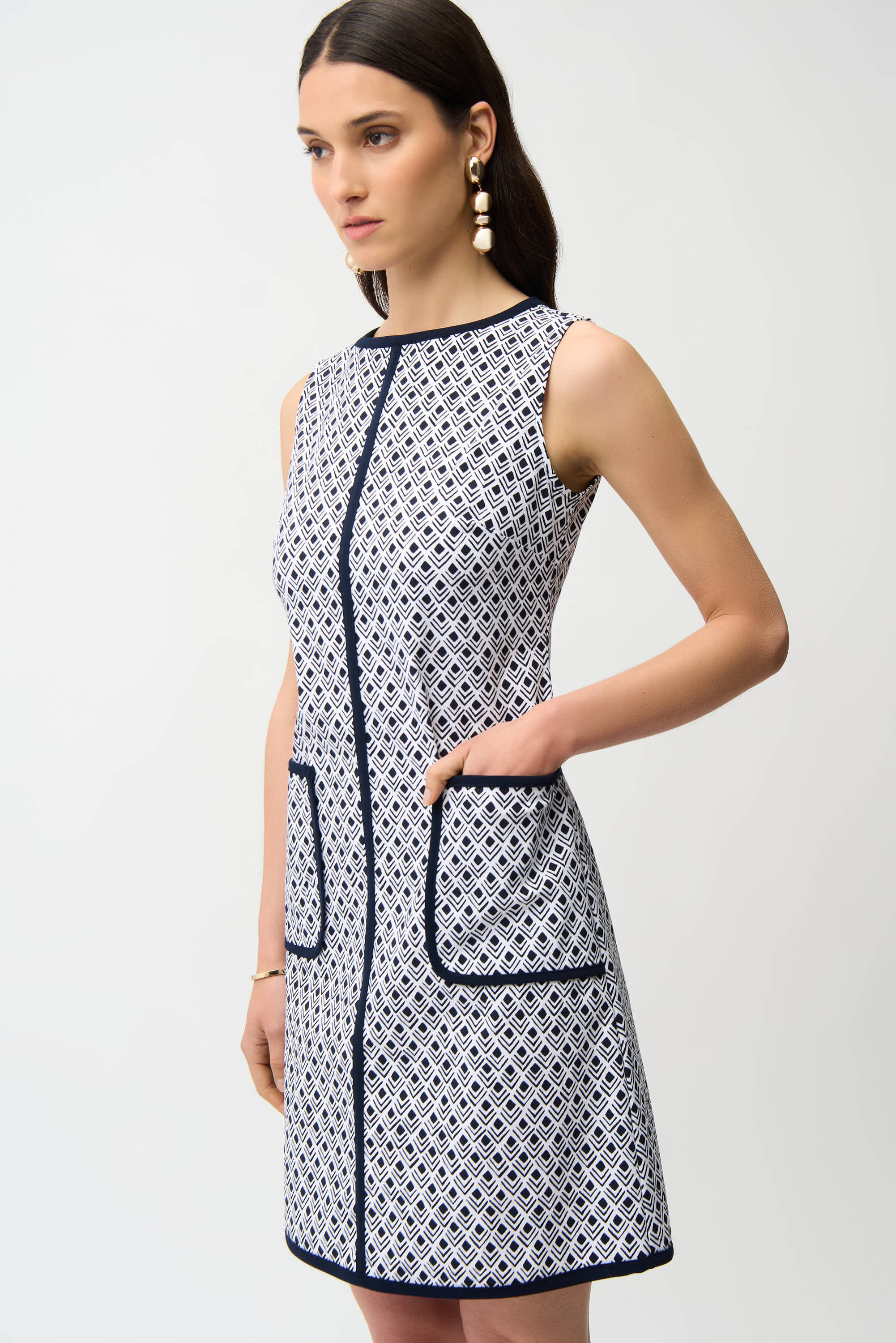 Joseph Ribkoff Geometric Print A-Line Dress With Contrast Trim Style 261096