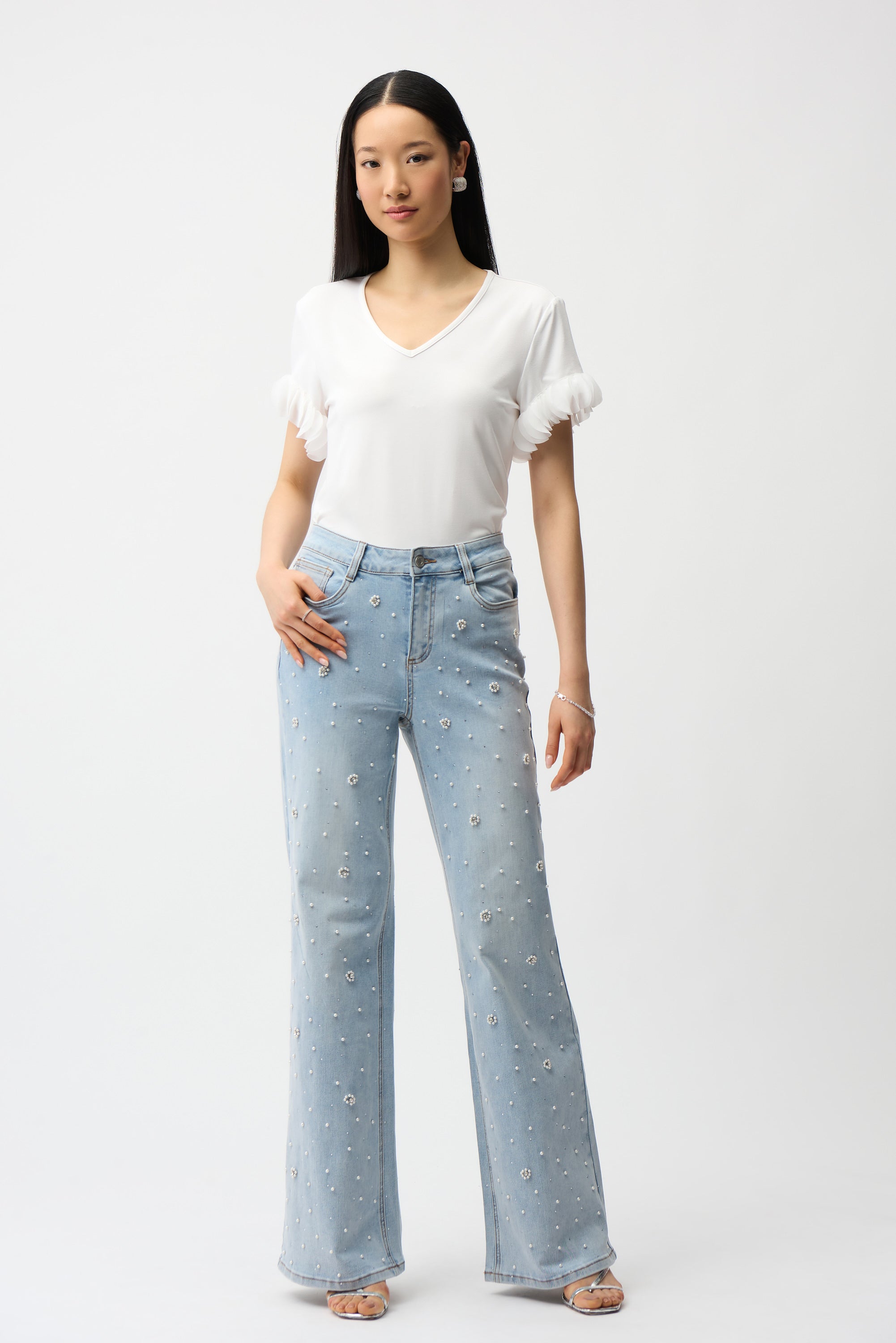 Joseph Ribkoff Fitted Top With Laser Cut Chiffon Sleeve Style 261201