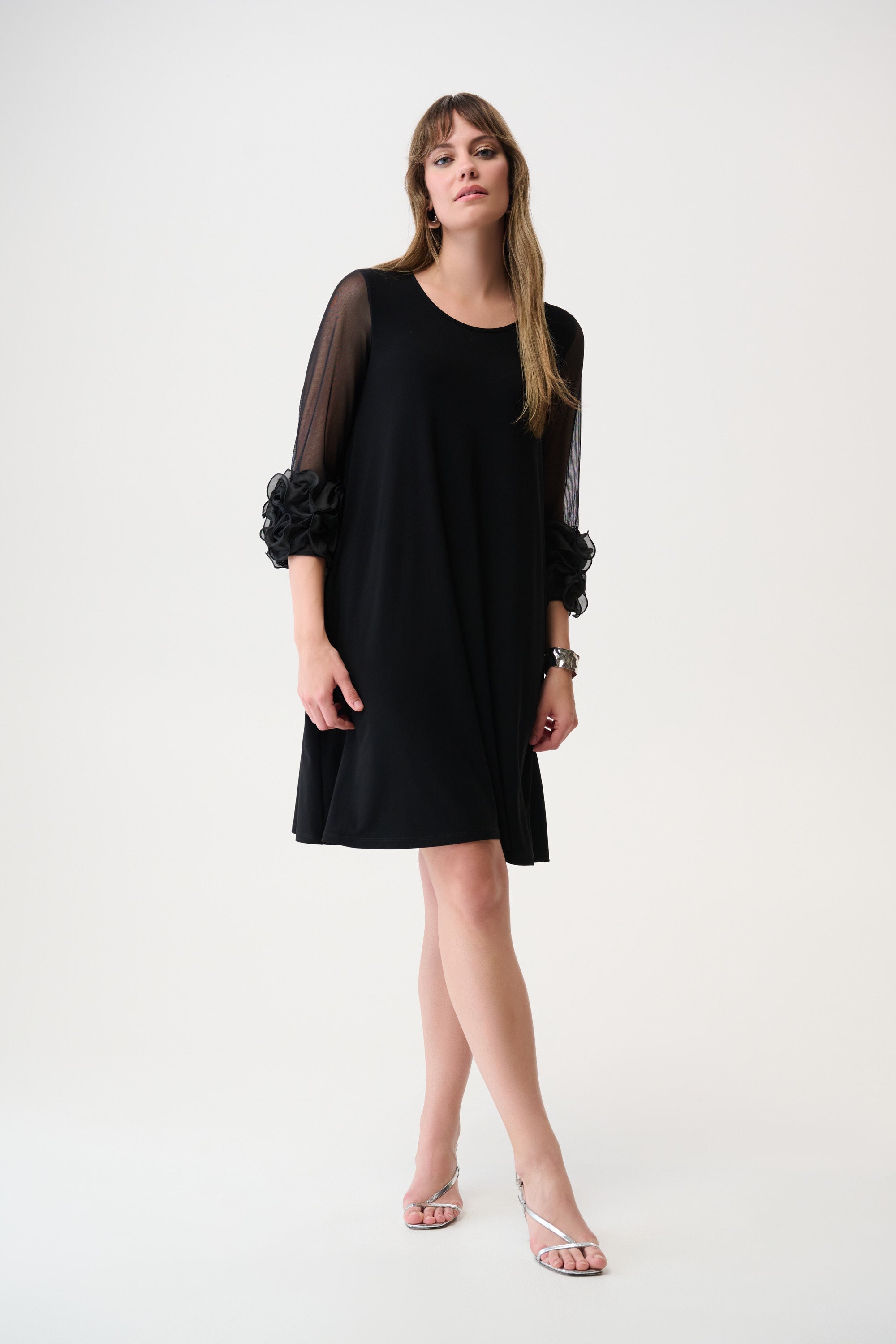 Joseph Ribkoff Silky Knit and Mesh A-Line Dress With Ruffled Trim Style 261212