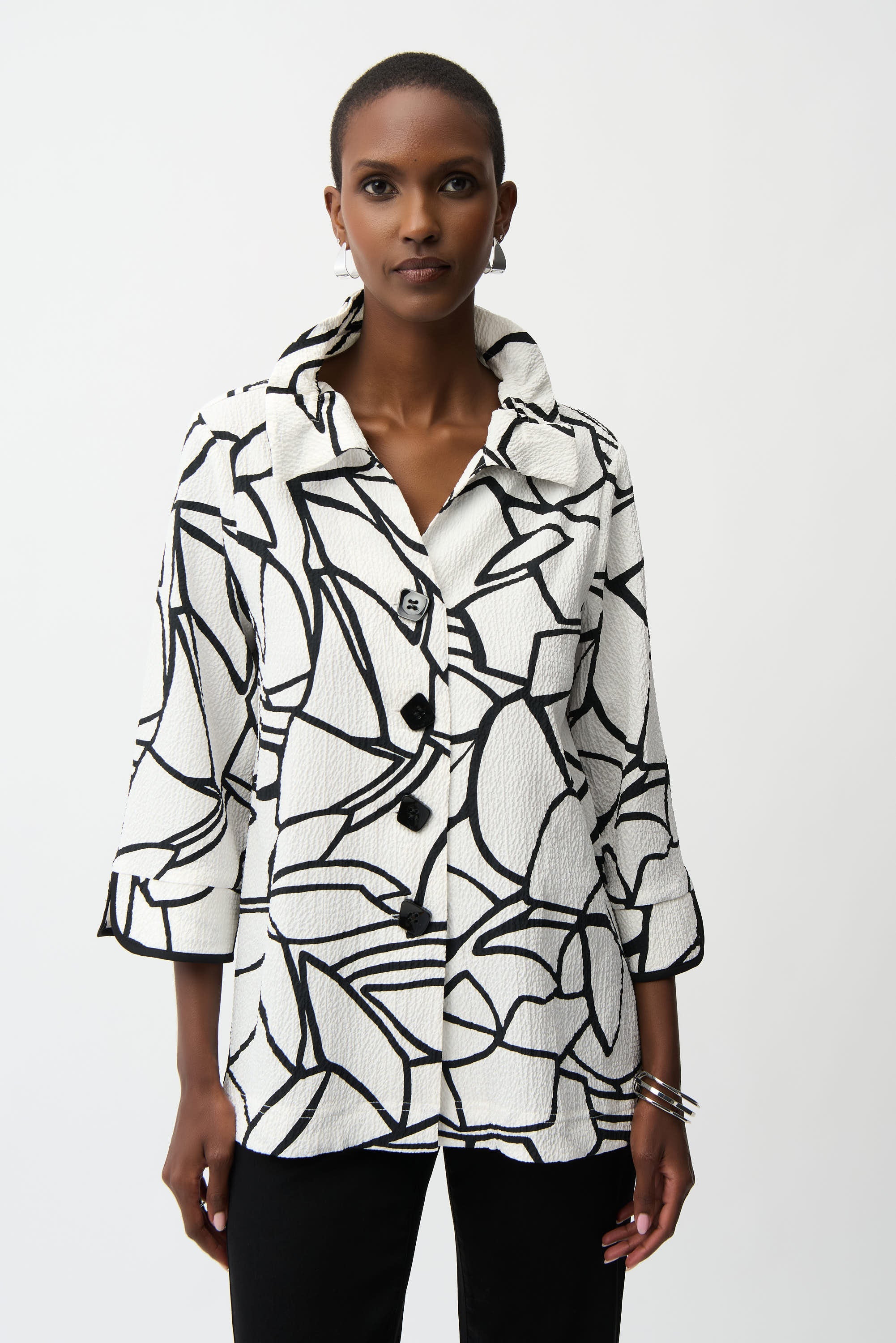 Joseph Ribkoff Seersucker Abstract Print Trapeze Jacket With Contrast Button Style 261239