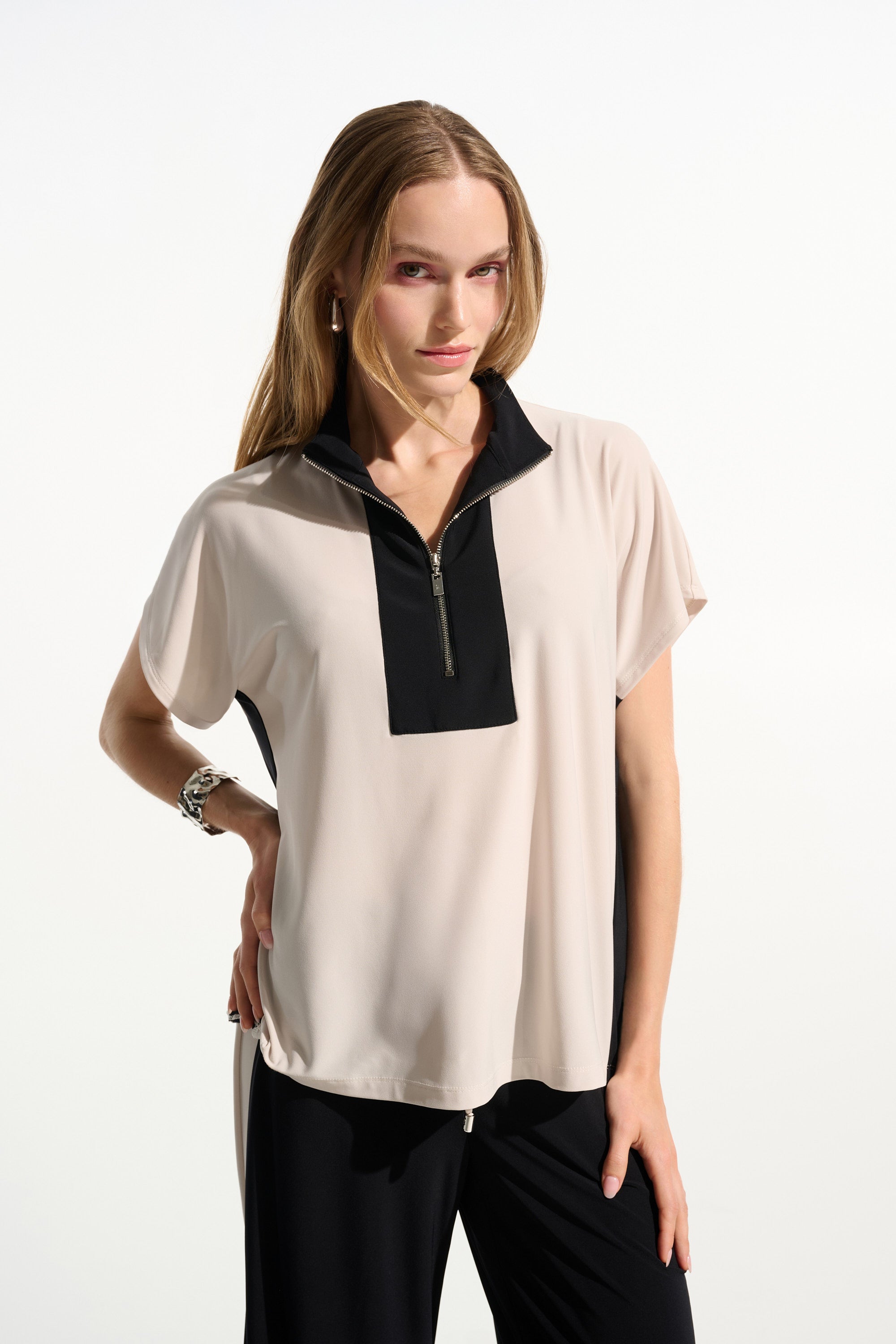 Joseph Ribkoff Color Block Straight Top With Zipped Collar Style 261611