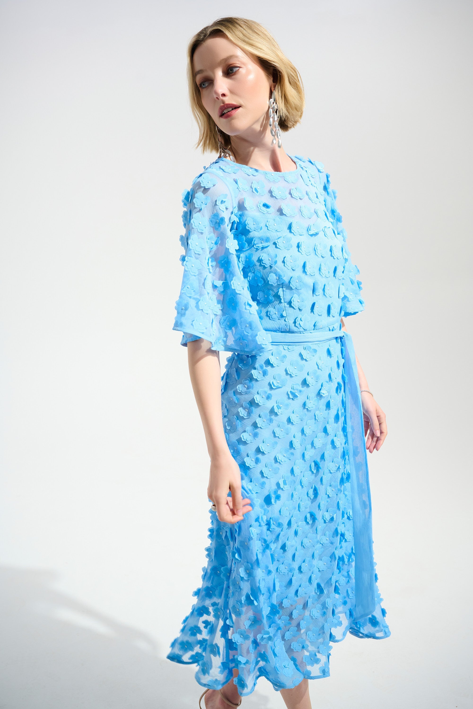 Joseph Ribkoff 3D Embroidered Chiffon Fit & Flare Dress With Sash Belt Style 261738