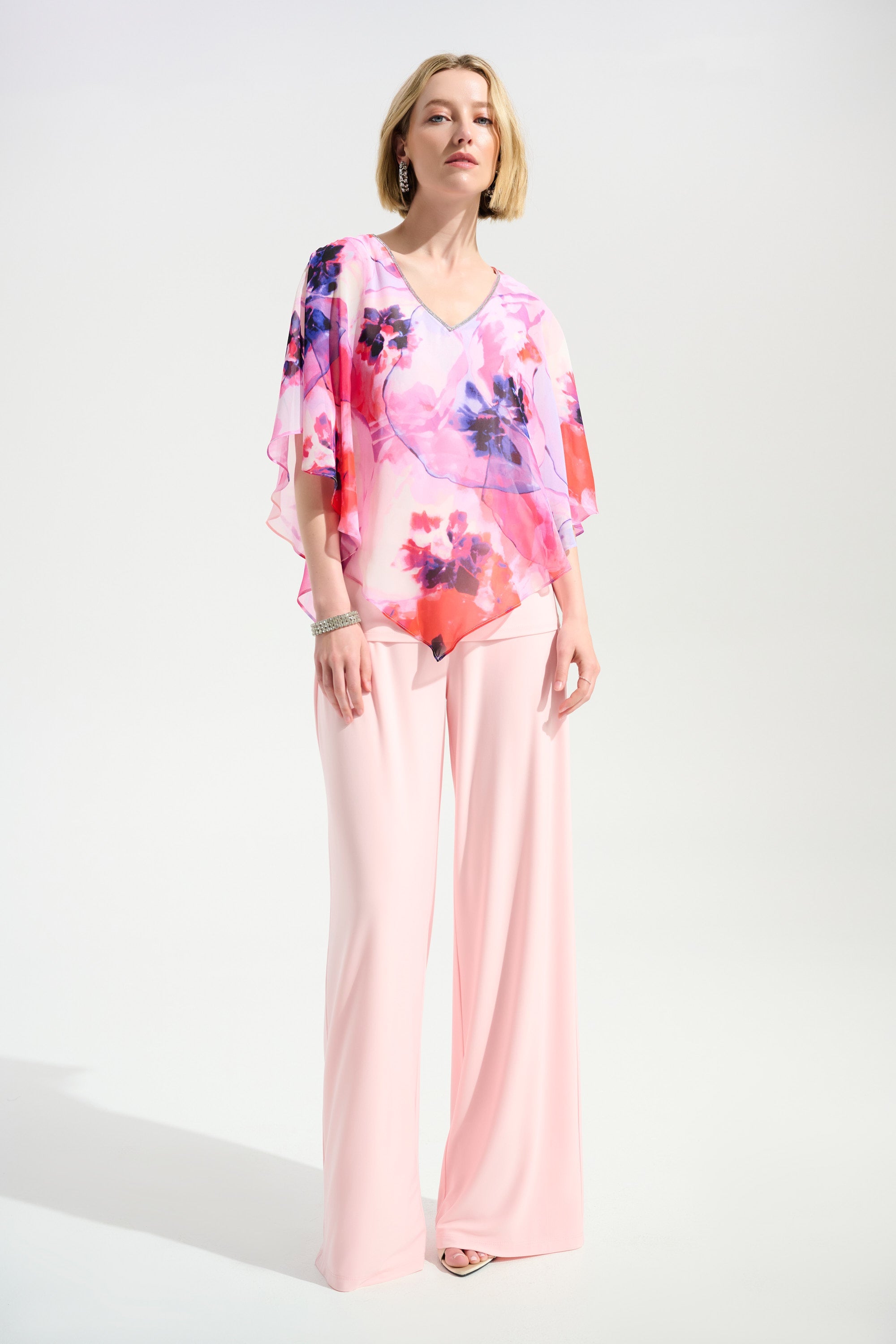 Joseph Ribkoff Floral Print Poncho Top With Chiffon Layer Style 261777