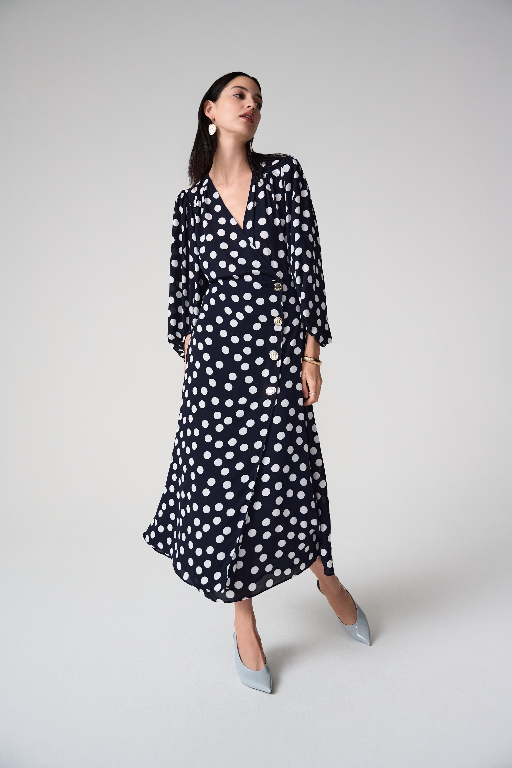 Joseph Ribkoff Dot Print Wrap Dress With Puff Sleeves Style 261901