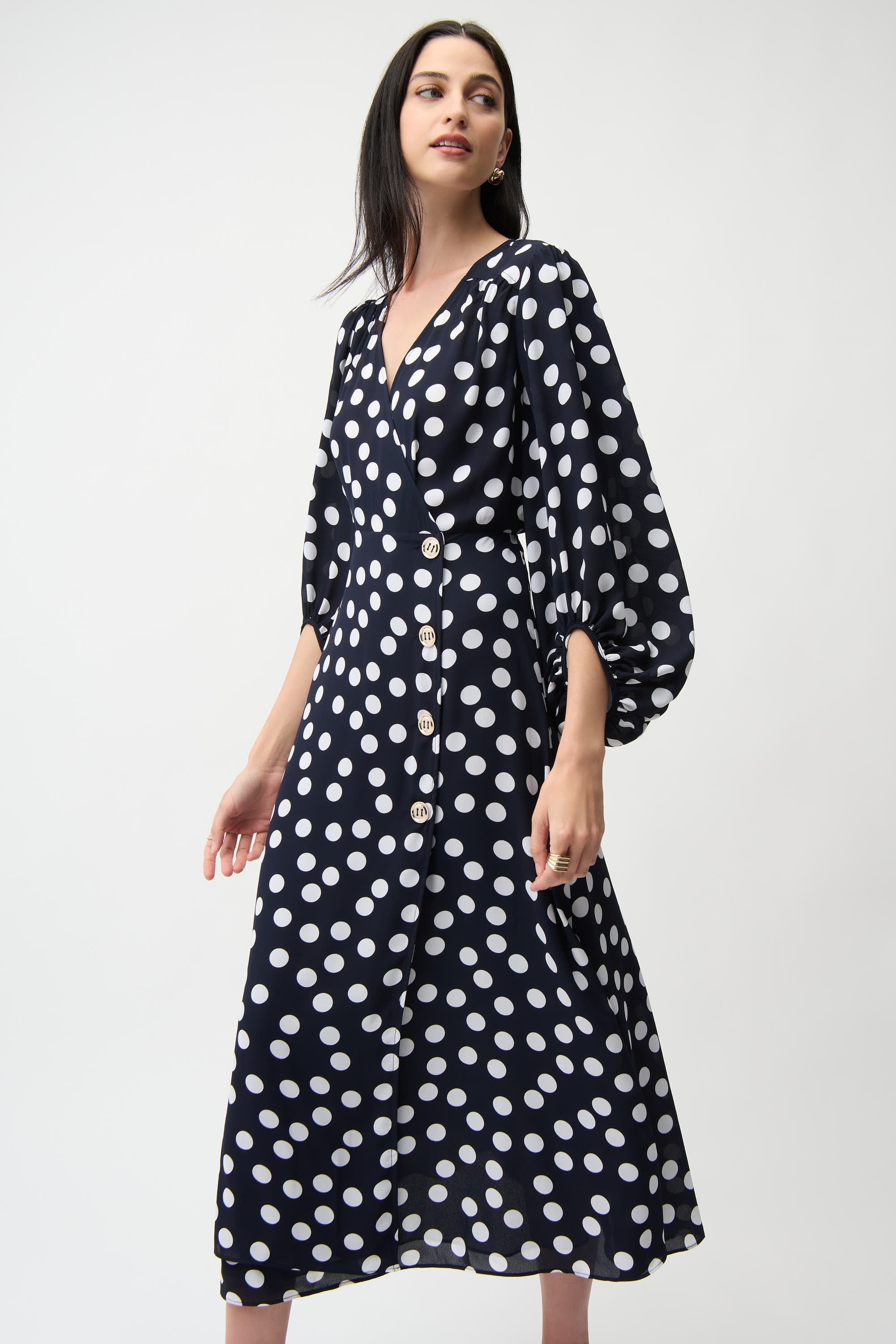 Joseph Ribkoff Dot Print Wrap Dress With Puff Sleeves Style 261901